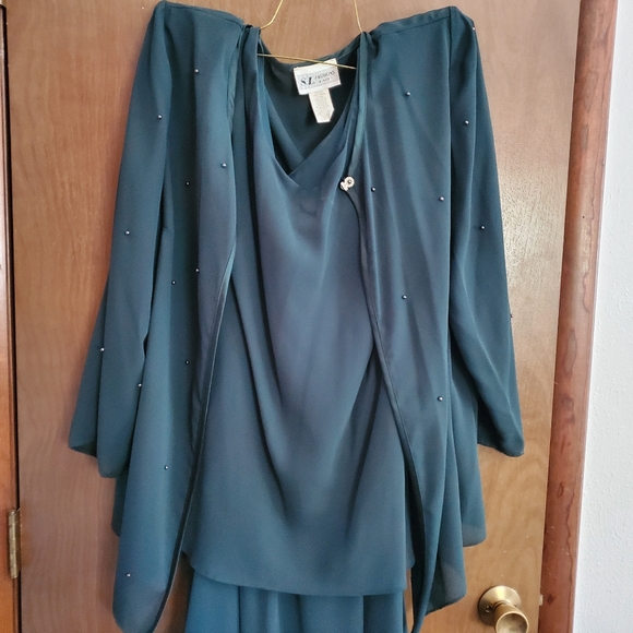 S.L. Fashions Dark Green Dress w/ Overlayer and Beaded Accents - Picture 2 of 5